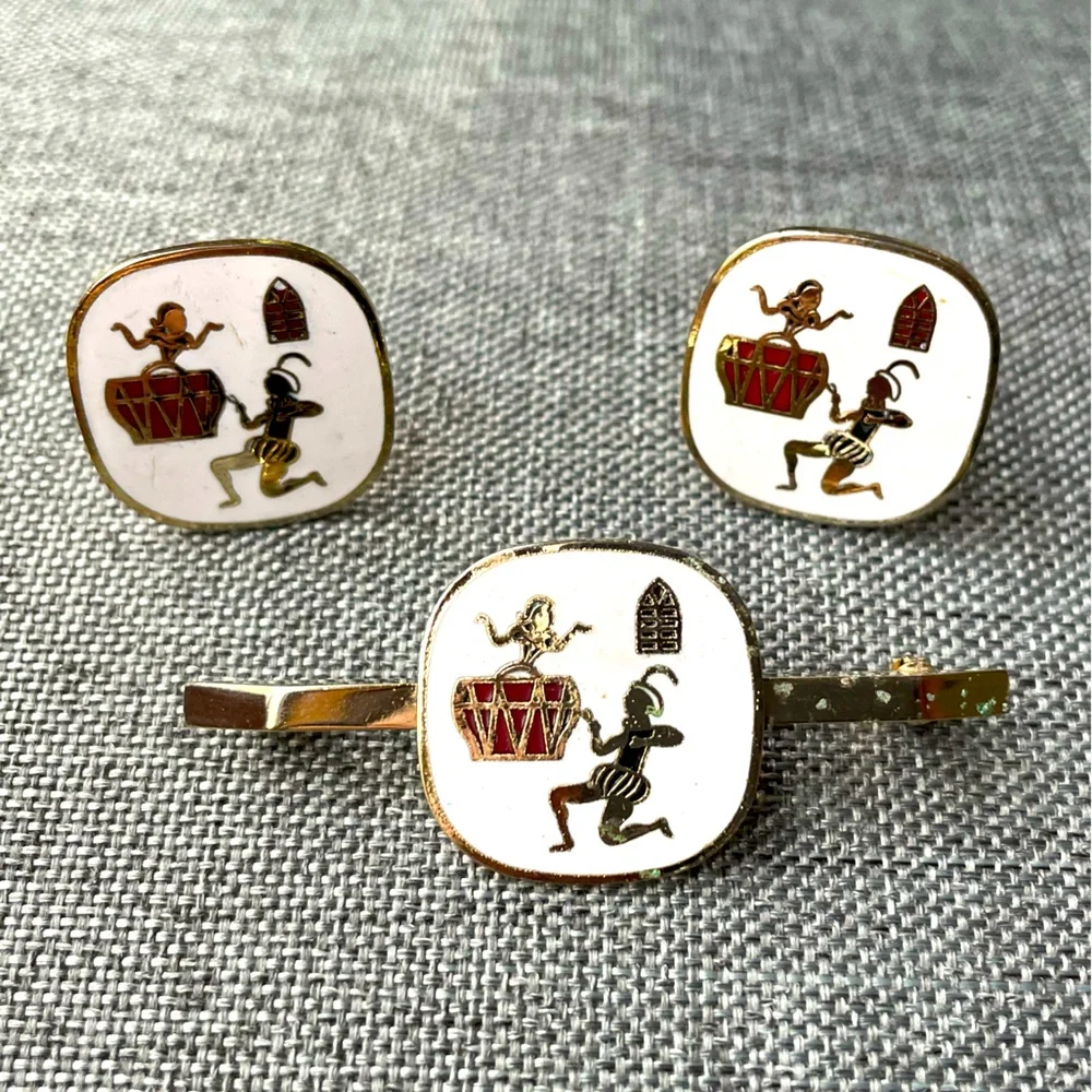 Romeo & Juliet RARE Vintage Pair of Cufflinks & Matching Tie Pin Enamel gorgeous - Picture 1 of 7
